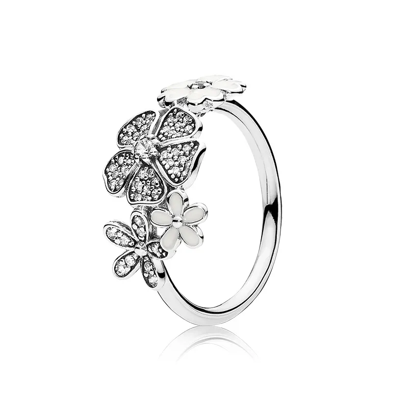 Auténtica Plata de Ley 925 anillos de flores de esmalte blanco caja Original para Pandora joyería de plata para mujeres anillo de bodas de cristal Natural
