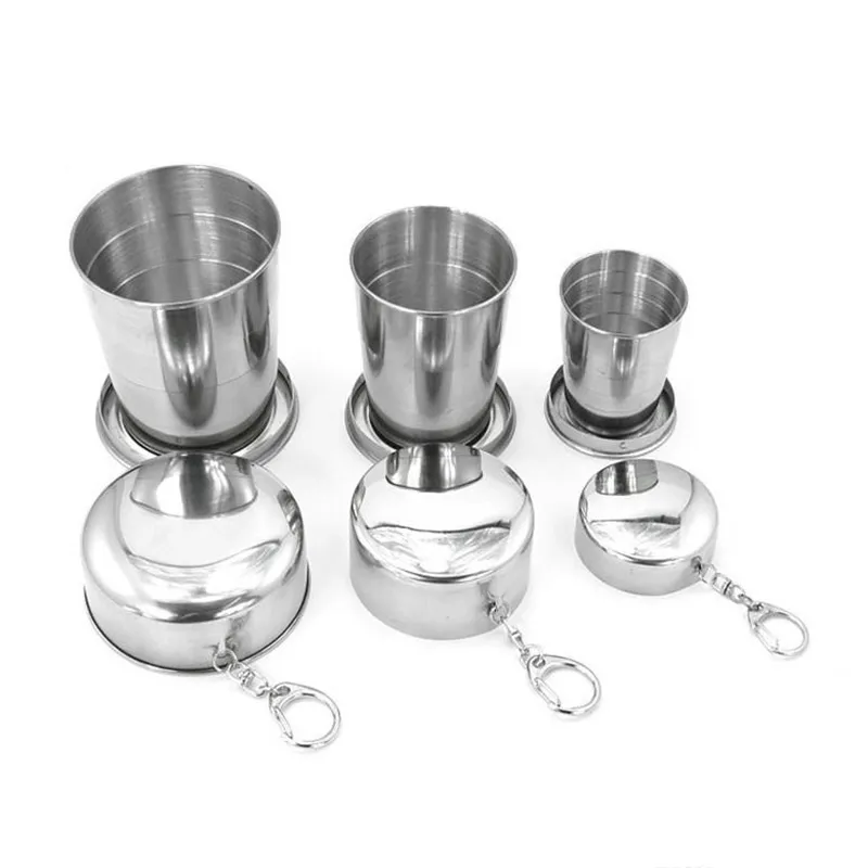 75ml 140ml 240ml Folding Cup Stainless Steel Portable Outdoor Travel Camping Folding Collapsible Cup Metal Telescopic Keychain Mugs WX9-348