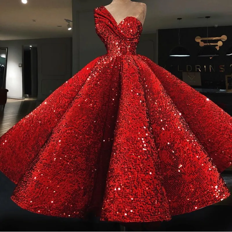 Robe de bal étincelante d'une épaule de luxe rouge pailleté à manches courtes robe de soirée de célébrité sexy longueur cheville robe de bal formelle robes de soirée