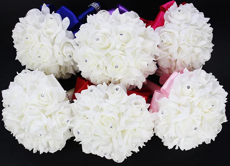2018 Élégant Rose Artificielle Fleurs De Mariée Bouquet De Mariée Bouquet De Mariage Cristal Bleu Royal Ruban De Soie Nouveau Buque De Noiva 10 Couleurs