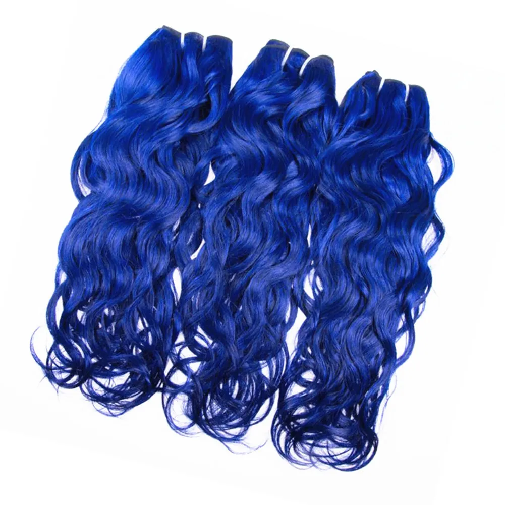 Extensiones de cabello humano de color azul brillante con cierre superior 4x4 Cabello ondulado con agua 3 paquetes con cierre de encaje