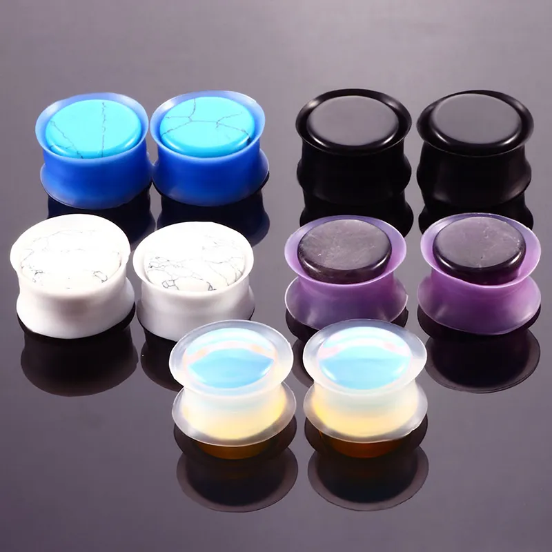 Nature Stone Ear Plugs Silicone Tunnels Double Flare Gauges Ear Stretcher Earlet Expanders Body Piercing Jewelry 6-16mm Mix Colors