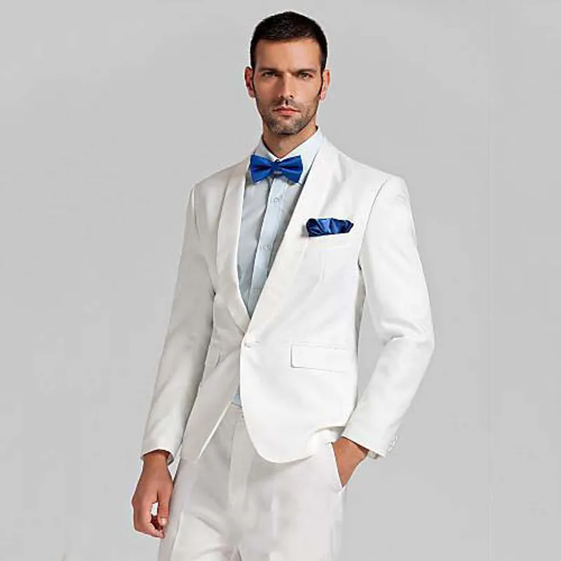 Vit Bröllop Män Passar Tuxedos Sjal Lapel Groom Wear 2 stycken (jacka + byxor) Slim Fit Terno BrideGrum Prom Blazer Costumen Homme