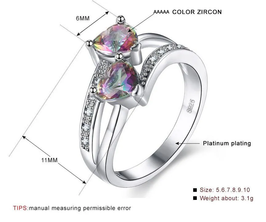 Heet verkoop Leuke mode-sieraden 925 sterling zilveren dubbele hart kleur rianbow edelstenen vrouwen bruiloft verlovingsband ring voor liefhebbers geschenk