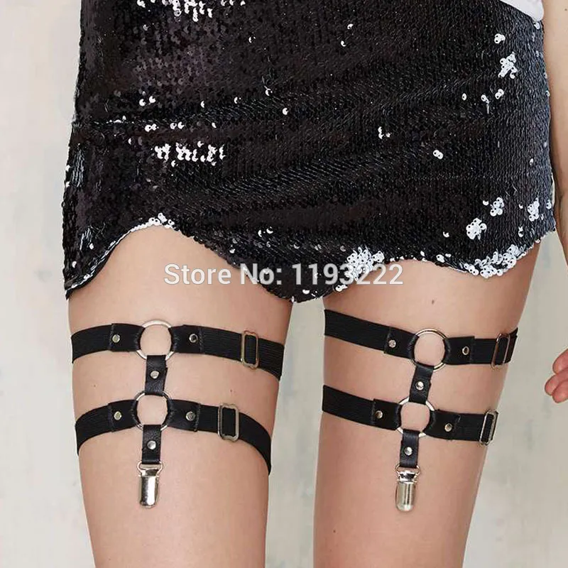 Punk Dark Amo Harajuku Handmade Double O Round Double Straps Leather Elastic Leg Studded Garter Belt Suspender Thigh Harness