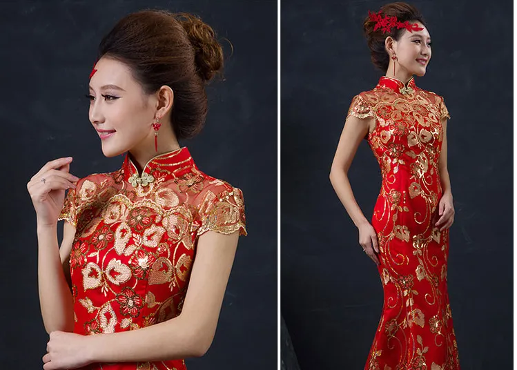 Economize muito em Vestido De Noiva Vermelho Cheongsam Vestido Elegante De  Cheongsam Vermelho |Gold Gold Slim Chinese Tradicional Qipao Para Festa De 