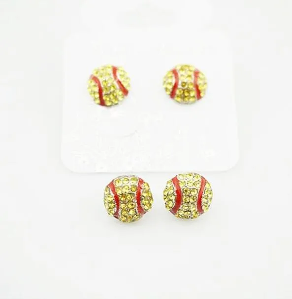 pacchetto 10 paia impermeabile alta qulity Softball Orecchini Stud Crystal Rhinestone Post Argento Bling Giallo Fastpitch 14mm Sport e Moda