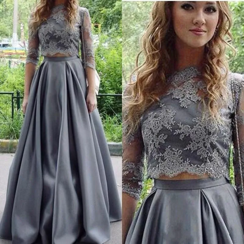 2018 New Sexy Gray Two Pieces Prom Dresses Illusion Three Quarter Sleeves Lace Appliques Satin Plus Size Formal Party Wear Evening Gowns