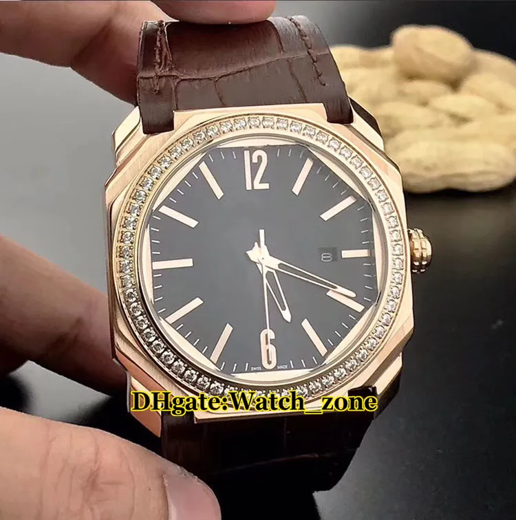 42mm Octo Ultranero102039 Black Dial Swiss Quzrtz Mens Watch Rose Gold Case Diamond Bezel High Quality New Gents Wristwatches315c