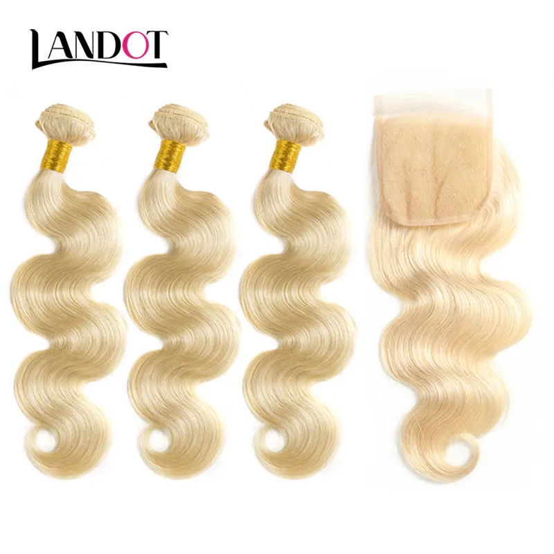 Brasilianska Virgin Human Hair Weaves 4 buntar med blekande blond färg 613 spetslås 9a peruansk malaysisk indisk kambodjansk kroppsvåghår