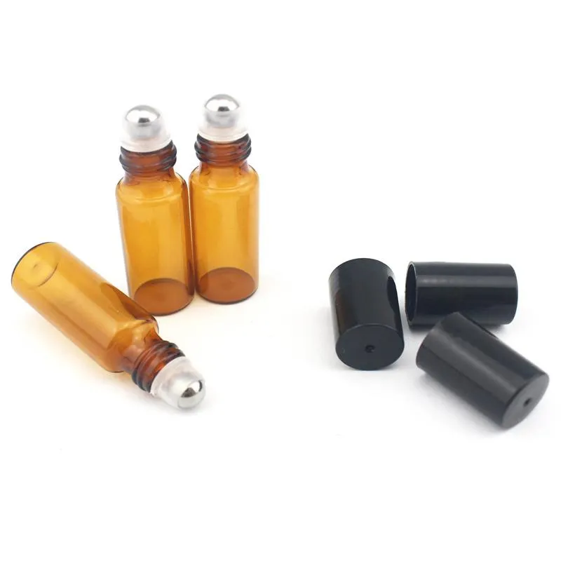 Przenośne 50 sztuk / partia 5ml Mini Roll On Butelki Zapach Perfumy Amber Brown Szklane Butelki Essential Oil Steel Metal Roller Ball