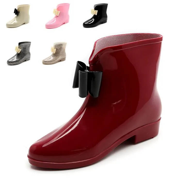 Sweet New Arrival Rain Boots Waterproof Flat With Shoes Woman Rain Shoes Water Rubber Ankle Boots Bowtie