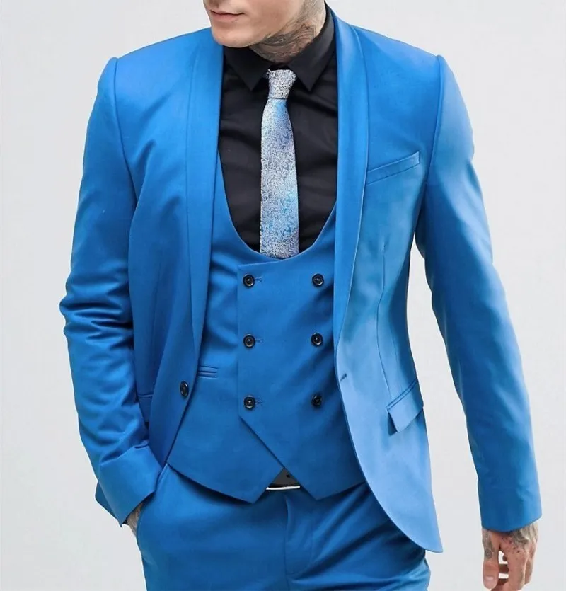 Bleu 3 pièces costume marié Tuxedos mode marié mariage costume de haute qualité hommes mariage bal dîner Blazer (veste + pantalon + cravate + gilet) 440