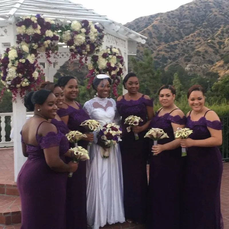 Off-Shoulder Purple Mermaid Purple junior bridesmaid dresses with Lace Detailing and Sweep Train - Perfect for Country Weddings and Plus Size Maid of Off-Shoulder Purple Mermaid Purple junior bridesmaid dresses with Lace Detailing and Sweep Train - Perfect for Country Weddings and Plus Size Maid of