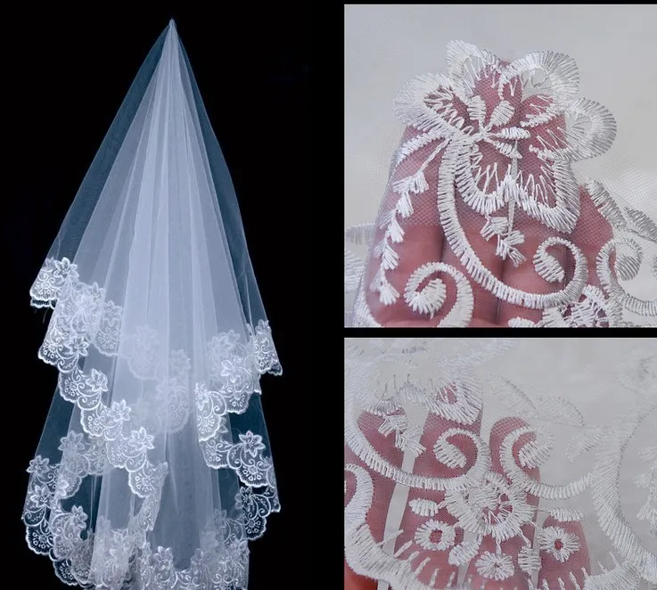 150 Wholesale Wedding Accessorie Soft Tulle New Arrival White Veil Fingertip Wedding Bridal Veil Lace Edge Voile Mariage