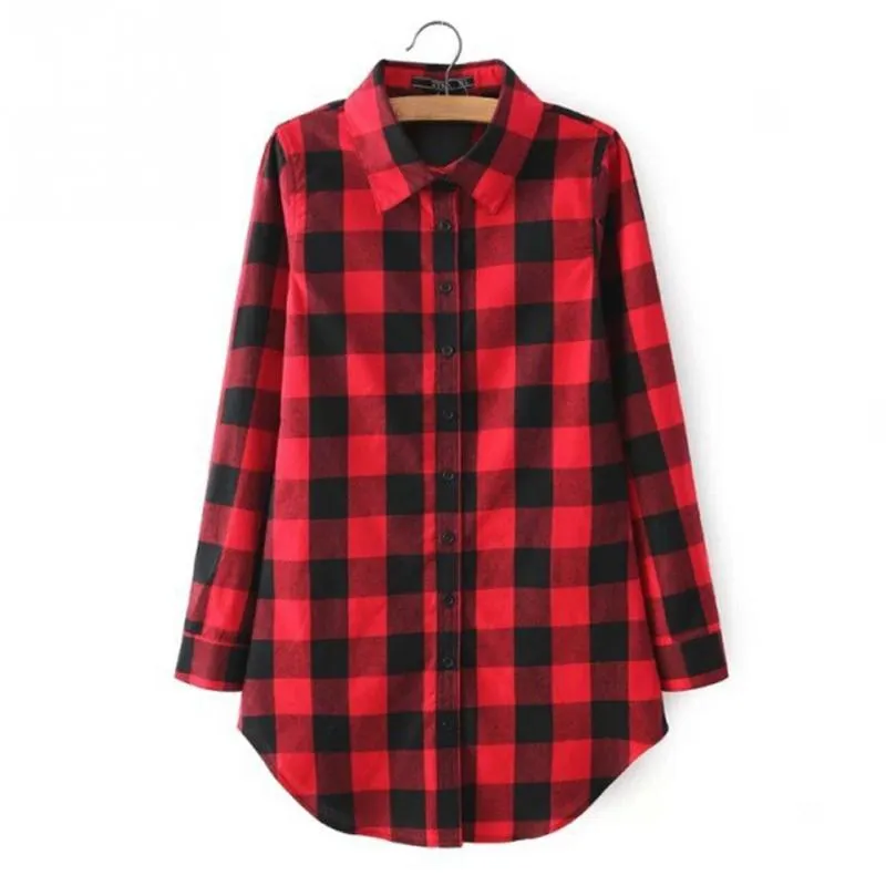 2018 Mode Rot Karierten Druck Lange Bluse Feminine Hemd Winter