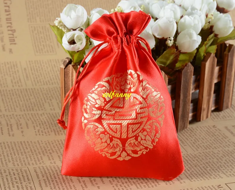10*14cm 13*18cm 17*23cm China style RED Happiness Drawstring Bags Candy Pouch Wedding Favor Jewelry Gift Bag