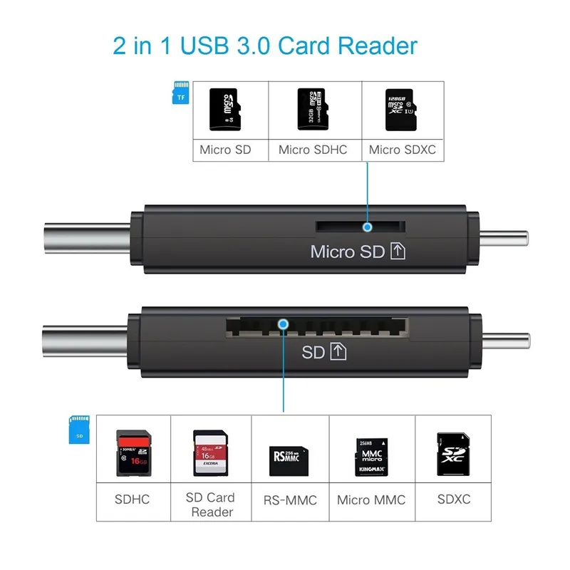 Lecteur de Carte Mémoire, SD/Micro SD à USB 3.2 Adaptateur Double Slot pour  Cartes MMC, TF, SDXC, SDHC,Micro SDHC, Micro SDXC, UHS-I, 5Gbps Transfert