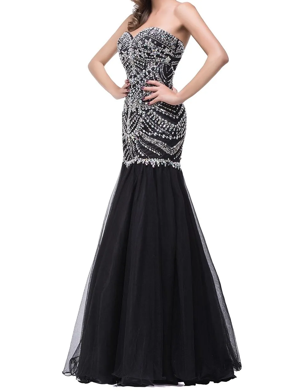 Cristais glamourosas Preto Sereia Prom Vestidos querida mangas Zipper Tulle vestidos de preto Prom vestidos de noiva formais Vestidos de Festa Vestidos