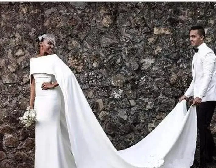 2019 NYA SATIN Elegant sjöjungfru bröllopsklänningar för svart tjej med vit långa wrap dragkedja tillbaka skräddarsydda arabiska brudklänning bröllopsklänningar