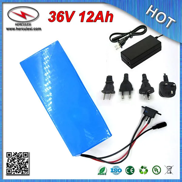 FREE SHIPPING(1PC) 500W E bike battery 36V 12Ah for electric bike 18650 cell lithium battery with PVC case + BMS 42V 2A charger