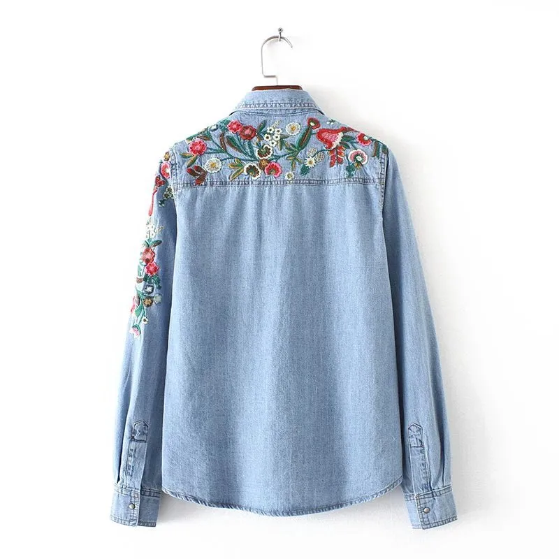 2017 primavera vogue ropa de mujer bordado floral blusa de mezclilla de solapa suelta de algod n camisa de mezclilla de manga larga para mujer blusas