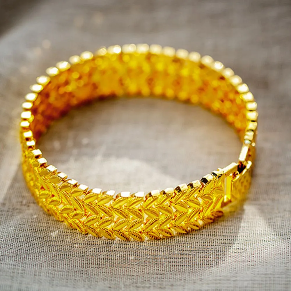 17mm Wide Wrist Bracelet Chain Leaf Design18k Yellow Gold Filled Classic Womens Mens Bracelet 7.87 Inches Long