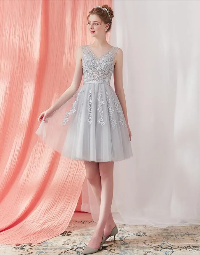chinese dress ladies Mother Of Bride Dresses Silver Illusion Sleeves Sweetheart Lace Appliqued  Tea-Length Chiffon Mother Of The Bride Dress main image 0