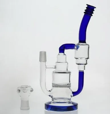 Rökning Vattenrör Honeycomb Percolator och dubbel Recycler Oil Rig Glas Bongs Joint Size 18.8mm I lager Billiga Royal Blue Hookahs