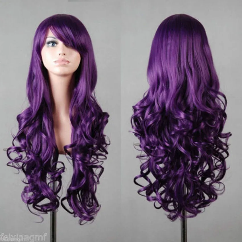 Affascinante parrucca cosplay riccia con capelli lunghi viola scuro