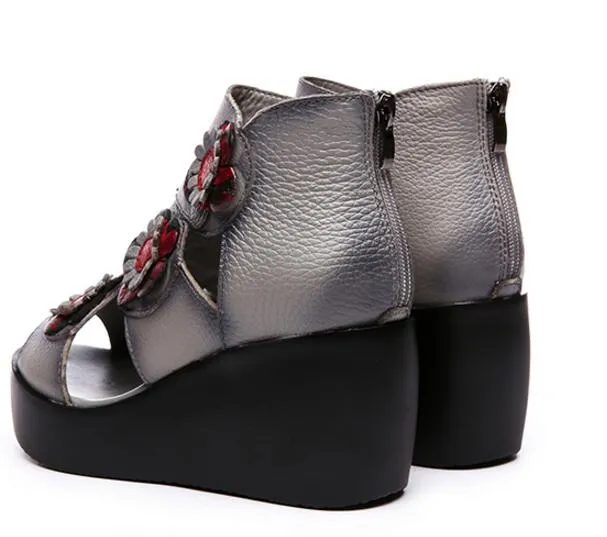 Ethnic Style Women Genuine Leather High Heel Platform Sandals Lady Wedges Sandals Nice Summer Shoes 1nx19