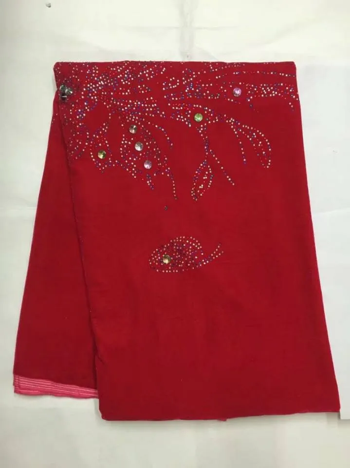 5 Yards PC En Moda Kırmızı Kadife Kumaş Afrika Yumuşak Kadife Dantel Malzeme Giyinme JV101 için Rhinestone Ile