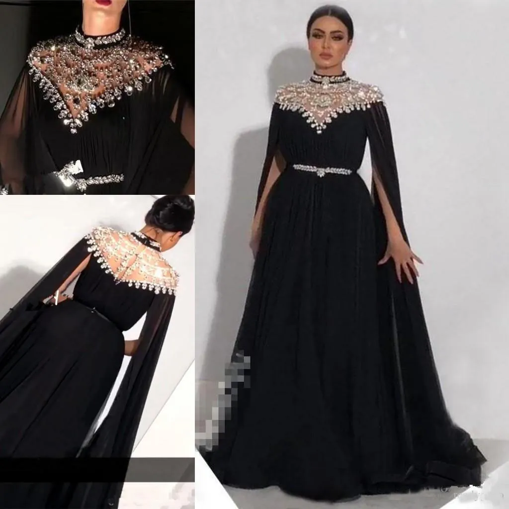 Plus Size Africano Kaftan 2018 Vestidos de Baile Caped Mangas Compridas Yousef Aljasmi Alta Pescoço Preto Chiffon Árabe Vestidos de Noite Formais