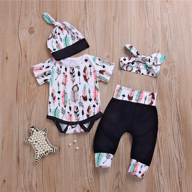 2018 New Baby Clothes Set Infant Baby Boys Girls Feather Print Romper Pants Hat Headband 4PCS Baby Outfits Cotton Kids Boys Girls Clothing