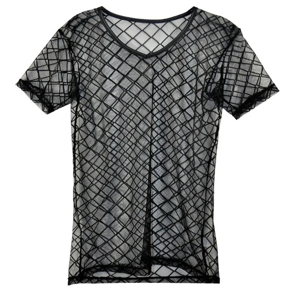 Fashion Mens Sexy T-shirt Singlet Plaid Transparent Mesh V Neck T Shirts Gay Male Exotic Tshirt Club Wear Sleepwear Undershirt