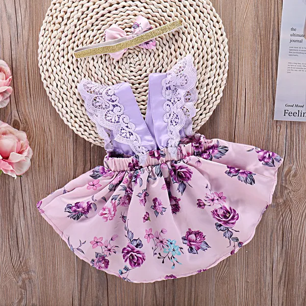 Mikrdoo Toddler Baby Girl Clothes Floral Dress Lace Ruffle Sleeve Romper With Headband Kids Irregular Clothing Outfit