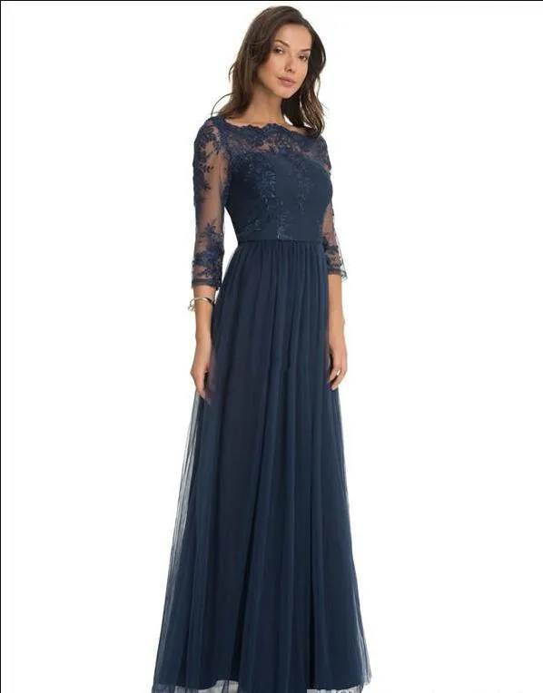 2017 Hot Robe De Soiree navy blue Formal Bridesmaid Dresses Lace Scoop Neck Sheer Three Quarter Sleeves Floor Length maid of honor gowns