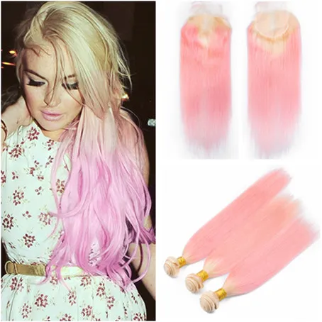Silky raka brasiliansk 613 / rosa ombre mänskligt hår väv med stängning blondin och rosa Ombre Virgin Hair 3bundles med spetslås 4x4