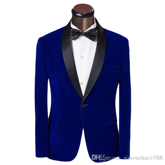 Hoge Kwaliteit Royal Blue Velvet Mannen Bruiloft Tuxedos Bruidegom Tuxedos Sjaal Revers One Button Mannen Blazer Prom / Dinner Pak (Jas + Broek + Tie) 1706