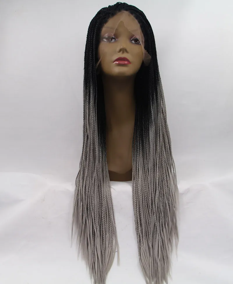 Jamaika, lange, vollständig handgeflochtene Lace-Front-Perücke in Ombre-Grau, synthetische Lace-Front-Perücke von Justice Box Braids für schwarze Frauen