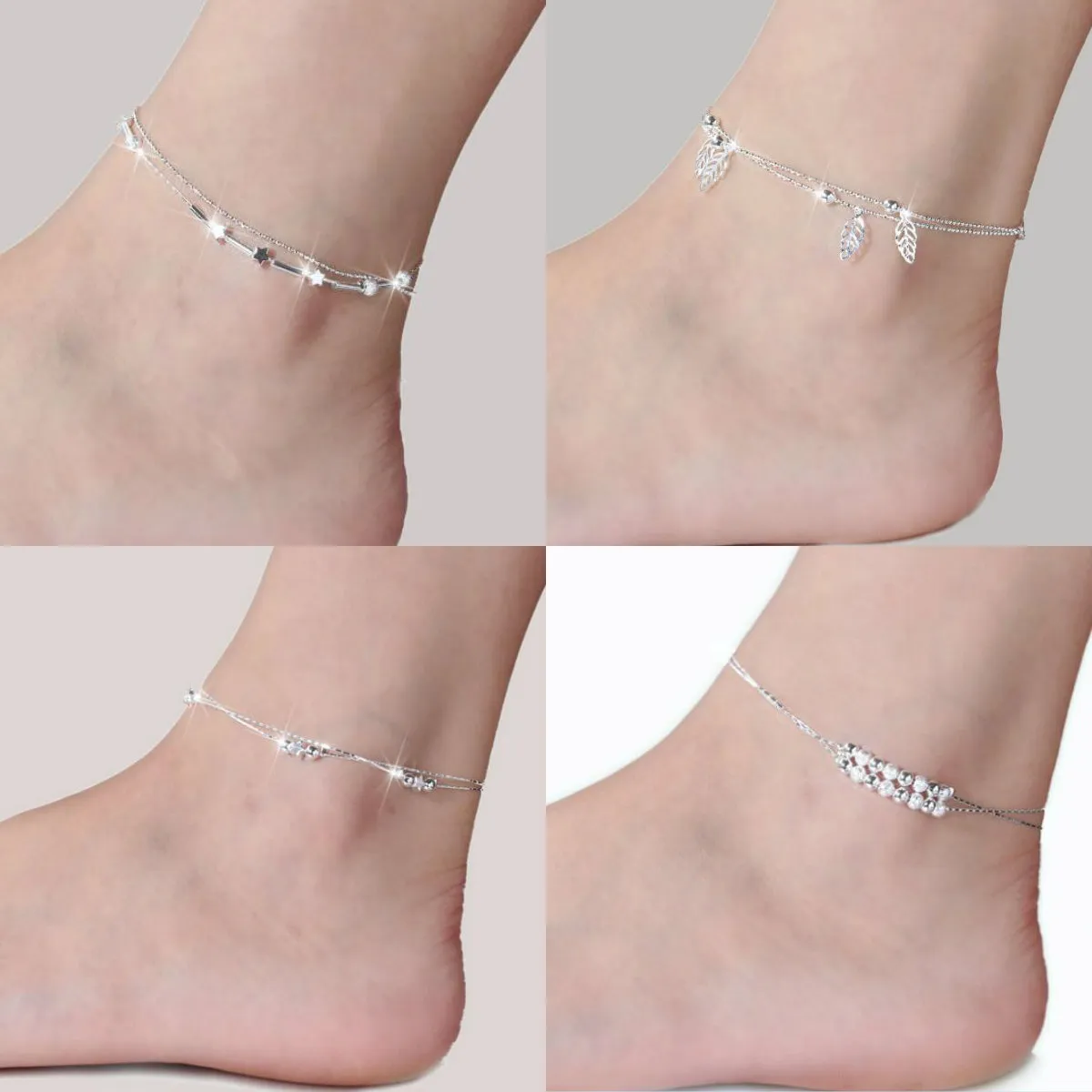 Moda 925 Sterling Silver Anklets Dla Kobiet Ladies Girls Unikalne Nice Seksowne Proste Koraliki Srebrny Łańcuch Anklet Kostka Nożna Biżuteria Prezent Ślub