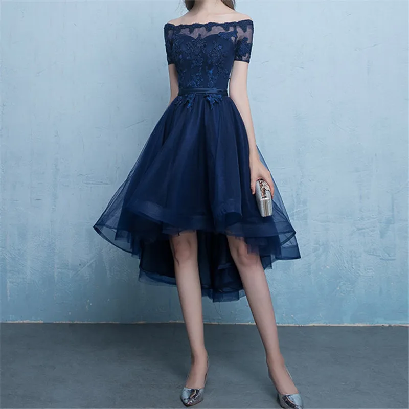 Navy Blue Cocktail Dress Hi Lo Tulle с аппликацией с короткими рукавами Светло-серый, черный, бордовые платья для вечеринок Дешевые специальные платья