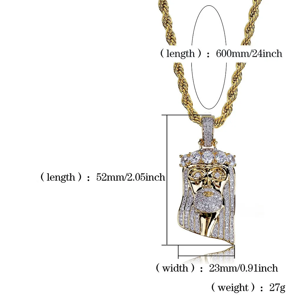 Whosale Mode Koppar Guld Silver Färg Pläterad Iced Out Jesus Face Pendel Halsband Micro Pave CZ Stones HipHop Bling Smycken