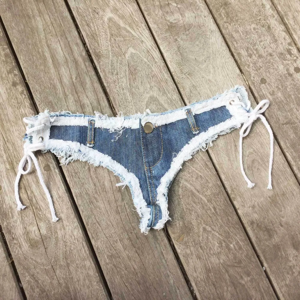 Womens Denim Booty Shorts, Sexy Mini Lace Up Thong Jeans