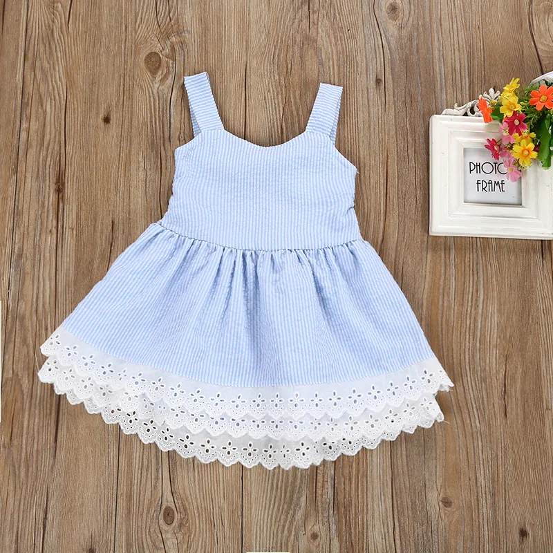 Enfants Double gâteau robe pansement arc élastique dentelle rayé gilet Midriff jupe bébé filles princesse vêtements d'été tenues 16T6587073