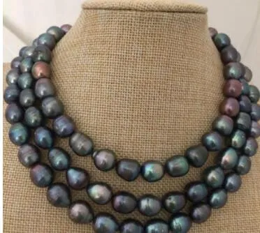 Free Shipping stunning 12-13mm tahitian black pearl necklace 38inch 925 silver