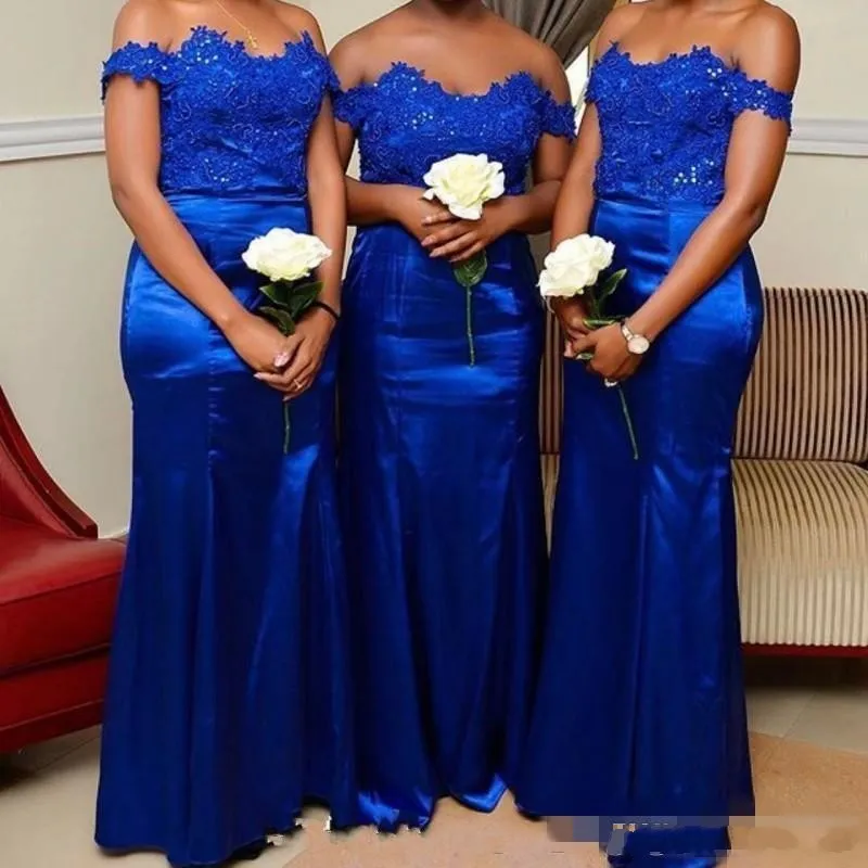 2020 New Royal Blue Country Long Mermaid Bridesmaid Dresses Off Shoulder Lace Applique Beads Custom Satin Wedding Guest Maid of Honor Gowns