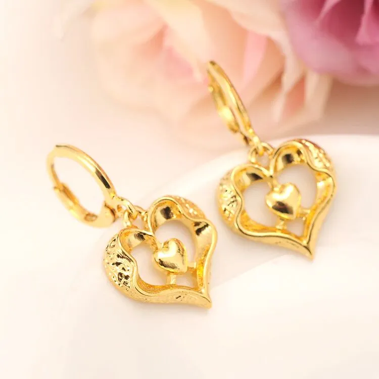 9k Fine Solid Gold Filled cuore legato a cuore Orecchini Donna/Ragazza, Amore Gioielli alla moda Africano/Arabo/Medio Oriente