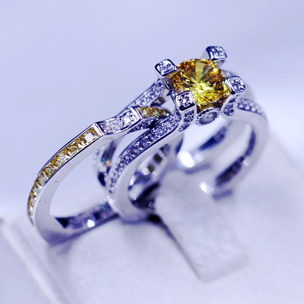 Moda jóias Banda anéis de casamento para as mulheres homens 3ct Ouro 5A Zircon CZ 925 prata esterlina Birthstone Anel Feminino conjunto de noiva presente