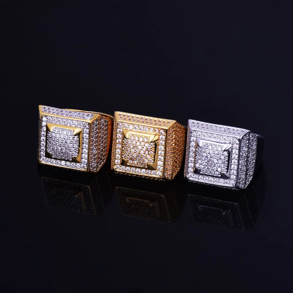 Bagues en Zircon cubique glacé pour hommes, matériau en cuivre, couleur or argent, bague complète en CZ, bijoux Hip Hop, cadeau